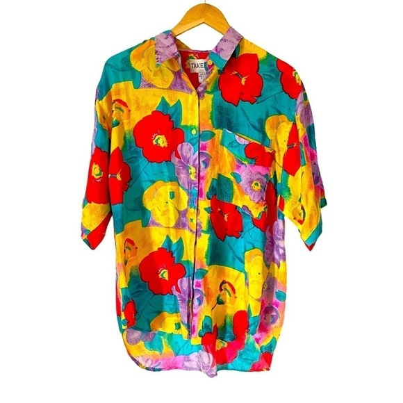 Vintage Tops - Vintage Silk Hawaiian Shirt Bold Colorful Floral 80s Pop Art‎ Take Away Medium